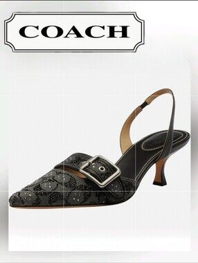 🔥COACH Margot Black Signature Crystal Slingback Kitten Heel, Sz 10, NEW w/tags
